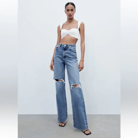 Zara TRF Ripped wide leg jeans size 6 - Picture 1 of 13